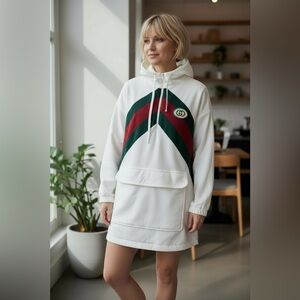 GUCCI White Web GG Sweatshirt Dress Velvet Cotton Chenille